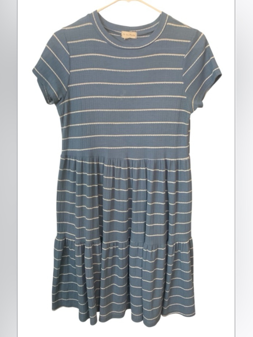 See You Monday Blue & Cream Striped Short-Sleeve Tiered Midi Dress